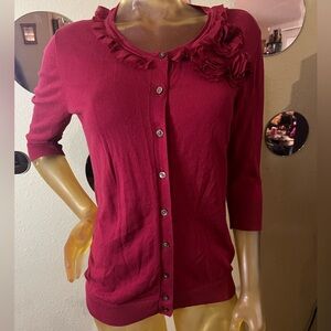 Merona Lightweight Red Cardigan W/ Fabric Flower Embellishment, Size L